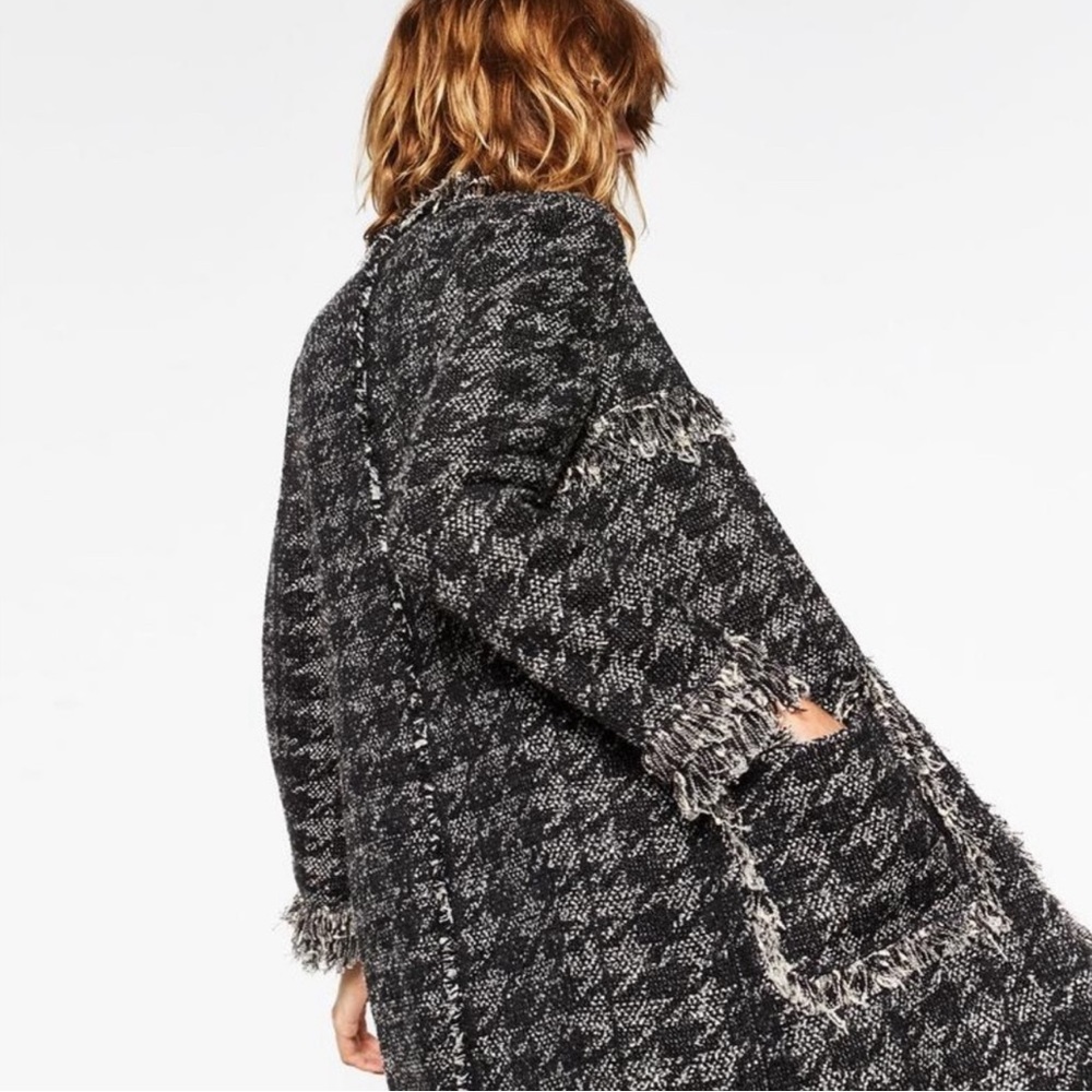 NWT RARE Luxury Classic Minimalist Zara Houndstooth Tweed Fringe Coat/Jacket - Picture 7 of 17